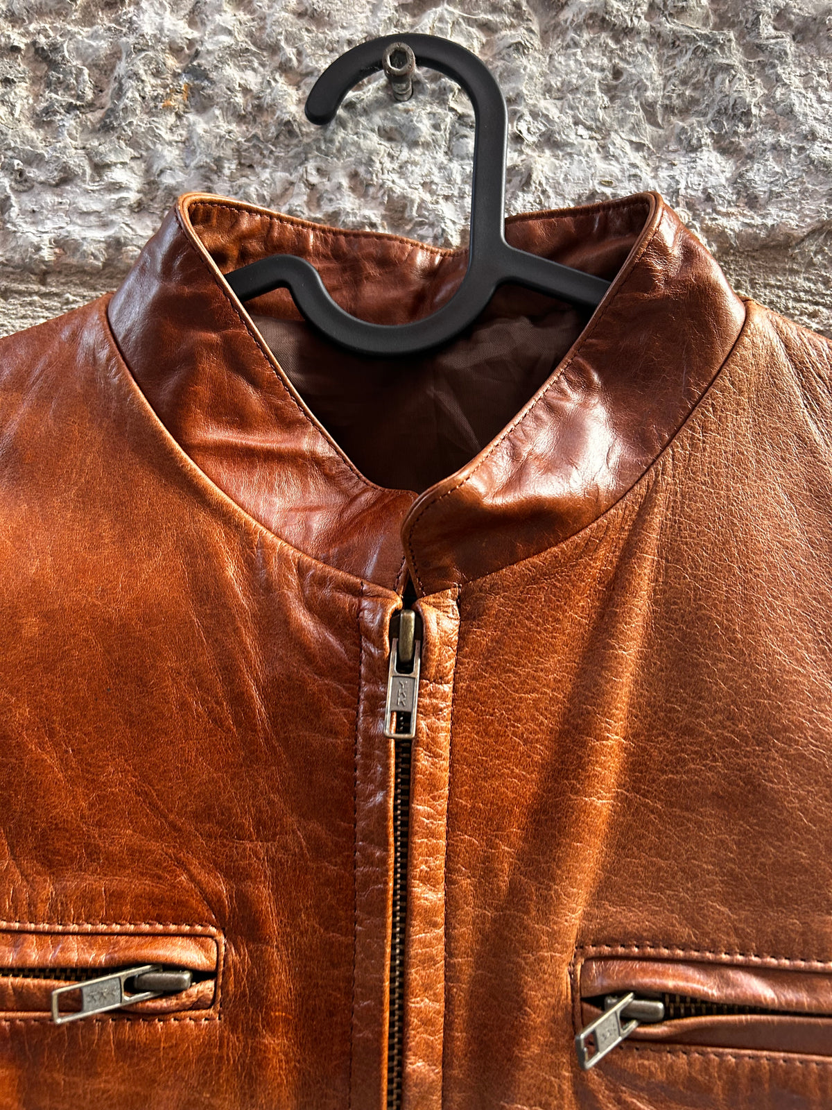 Cazadora Cuero Genuino Mujer Estilo Biker / Racer Cognac - Talla M