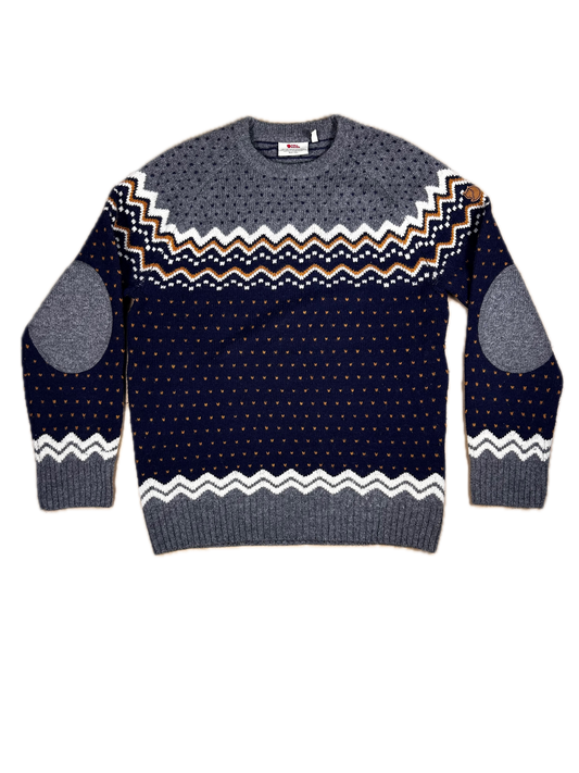 Fjällräven – Jersey Lana Nórdico Fair Isle Vintage – Azul Marino / Gris – Talla M