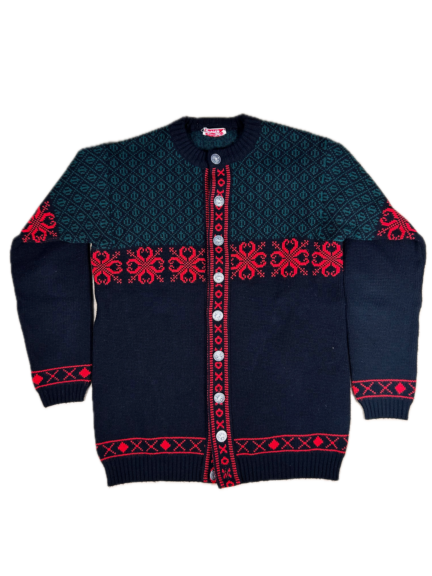Cárdigan Tracht Austriaco Vintage - 100% Lana - Negro / Rojo / Verde - Talla 48