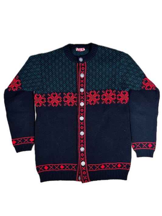 Cárdigan Tracht Austriaco Vintage - 100% Lana - Negro / Rojo / Verde - Talla 48