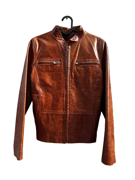 Cazadora Cuero Genuino – Estilo Biker Racer – Cognac – Talla M