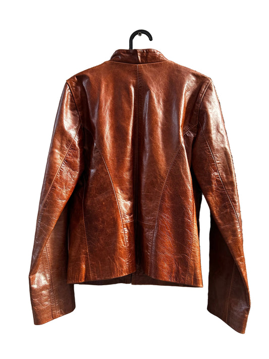 Cazadora Cuero Genuino – Estilo Biker Racer – Cognac – Talla M